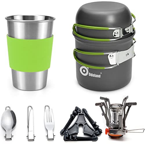 Odoland Utensilios Cocina Camping Kit con Ollas y Sartén de Aluminio, Estufa Trekking, Taza de Acero Inoxidable, Cubiertos Plegable - Cacerolas de Acampada de Viaje